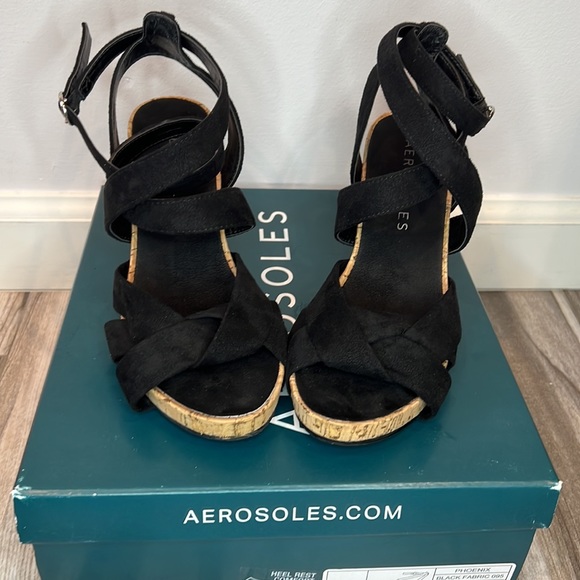 🖤Aerosoles Phoenix Black Suede/Cork Ankle Strappy Wedge with Heel Rest Comfort - Picture 3 of 8